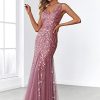 Women's Formal Dress Sequin Tulle Double V-Neck Sleeveless Mermaid Long Evening Dress 07886