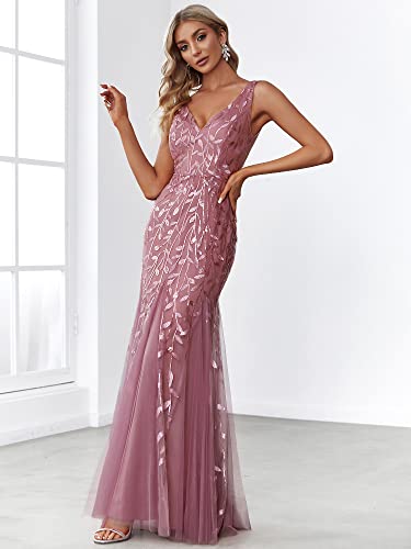 Women's Formal Dress Sequin Tulle Double V-Neck Sleeveless Mermaid Long Evening Dress 07886