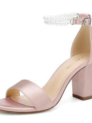Pearl Wedding Shoes for Bride Satin Block Heels Open Toe Chunky Bridal Shoes Sandals
