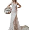Women's Boho Lace Wedding Dress Removable Cold Sleeves V Neck Sheath Long Casual Bridal Gowns