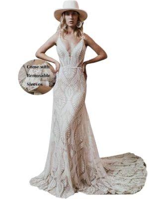 Women's Boho Lace Wedding Dress Removable Cold Sleeves V Neck Sheath Long Casual Bridal Gowns