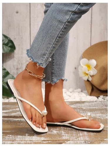 Women's Pearl Flip Flops Square Open Toe Thong Slide Dressy 2025 Wedding Dress Flat Sandals