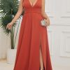 Women's V Neck Sleeveless Side Slit Pleated Plus Size Summer Floor Length Formal Dresses Bridesmaid Gowns