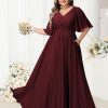 Plus Size Bridesmaid Dresses with Pockets Short Sleeve Pleated Formal Dress for Women YMS376