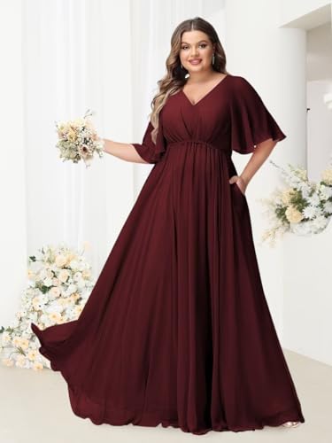 Plus Size Bridesmaid Dresses with Pockets Short Sleeve Pleated Formal Dress for Women YMS376