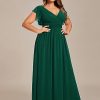 Women's Summer Chiffon Ruffles Sleeve Pleated Back Cutout Plus Size Bridesmaid Dresses Formal Gowns