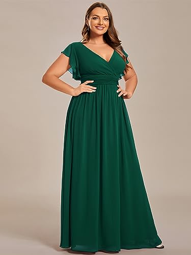 Women's Summer Chiffon Ruffles Sleeve Pleated Back Cutout Plus Size Bridesmaid Dresses Formal Gowns