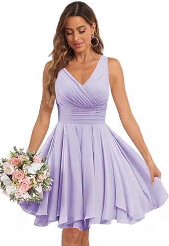 Short Bridesmaid Dresses for Women Sleeveless Pleated Chiffon V Neck A Line Knee Length Formal Evening Party Gowns