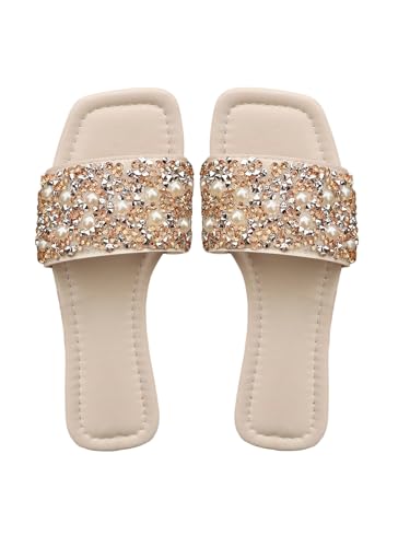 Women's Glitter Jeweled Slippers Sparkly Pearls Beaded Sandals Open Toe Slide Shoes