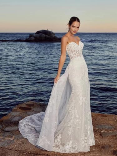 Strapless Beach Wedding Dresses Sexy Bridal Gown Lace Robe Backless Vintage Vestidos De Novia with Detachable Train