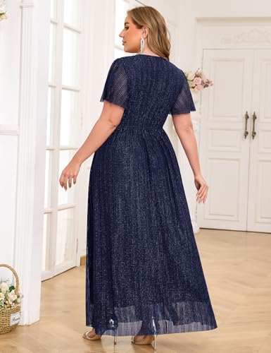 Plus Size Maxi Formal Dress Sparkly V-Neck A-line Ruffle Sleeves Evening Gown Cocktail Prom Lace