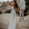 Women's Boho Lace Wedding Dress Removable Cold Sleeves V Neck Sheath Long Casual Bridal Gowns