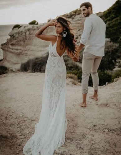 Women's Boho Lace Wedding Dress Removable Cold Sleeves V Neck Sheath Long Casual Bridal Gowns