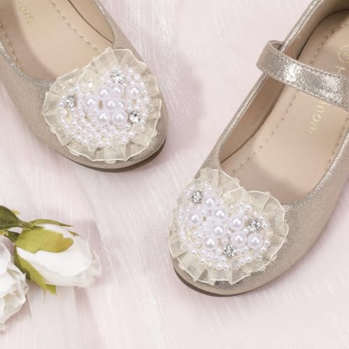 Hehainom Toddler Flower Girl Dress Shoes Rhinstones Pearls Mary Jane Ballet Flats Wedding Party Toddler Little Kid Princess
