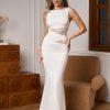 Lace Long Formal Wedding Guest Dress Cut Out Boat Neck Sleeveless Ruched Bodycon Maxi Dresses for Women