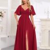 Women's Flutter Sleeves Chiffon Bridesmaid Dresses with Slit Long A Line V-Neck Formal Party Dress with Pockets