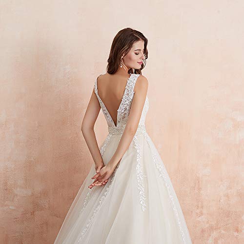 Women's Wedding Dress for Bride Lace Applique Evening Dress V Neck Straps Ball Gowns