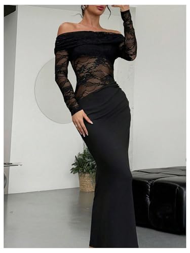 Women's Lace Off Shoulder Wedding Dresses Mesh Sheer Long Sleeve Bodycon Evening Gown