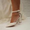 Closed Toe Pearl Heels Satin Wedding Shoes for Bride High Heels with Bow Chunky Block Heels for Women Prom Evening Party Dress