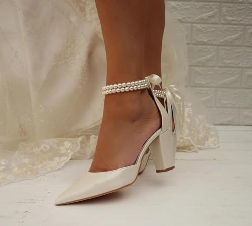 Closed Toe Pearl Heels Satin Wedding Shoes for Bride High Heels with Bow Chunky Block Heels for Women Prom Evening Party Dress