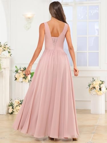 Chiffon Bridesmaid Dresses for Women Long V Neck Formal Evening Dresses with Slit