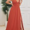 Women's V Neck Sleeveless Side Slit Pleated Plus Size Summer Floor Length Formal Dresses Bridesmaid Gowns
