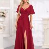 Women's Flutter Sleeves Chiffon Bridesmaid Dresses with Slit Long A Line V-Neck Formal Party Dress with Pockets