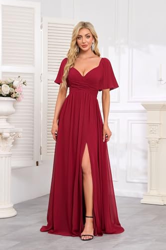 Women's Flutter Sleeves Chiffon Bridesmaid Dresses with Slit Long A Line V-Neck Formal Party Dress with Pockets