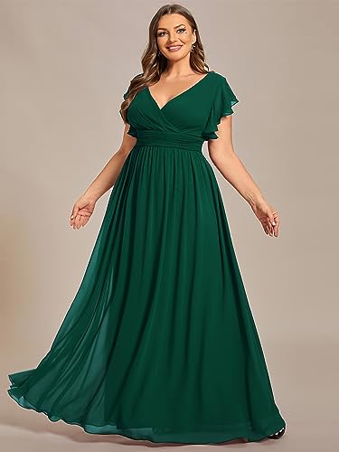 Women's Summer Chiffon Ruffles Sleeve Pleated Back Cutout Plus Size Bridesmaid Dresses Formal Gowns