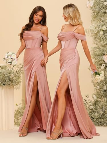 Elegant Off The Shoulder Satin Bridesmaid Dress Long Mermaid Corset Prom Dress for Women Formal Gown CY089