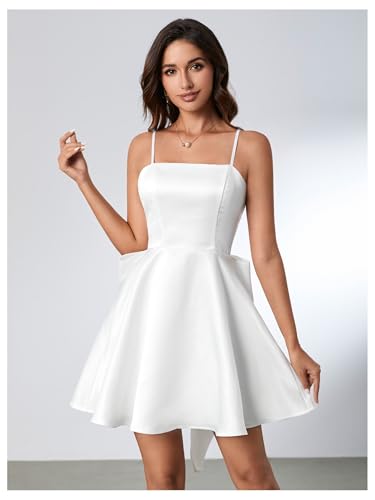 Women's Satin Bow Homecoming Dresses Spaghetti Strap Wedding Guest Gown Summer Mini Dress
