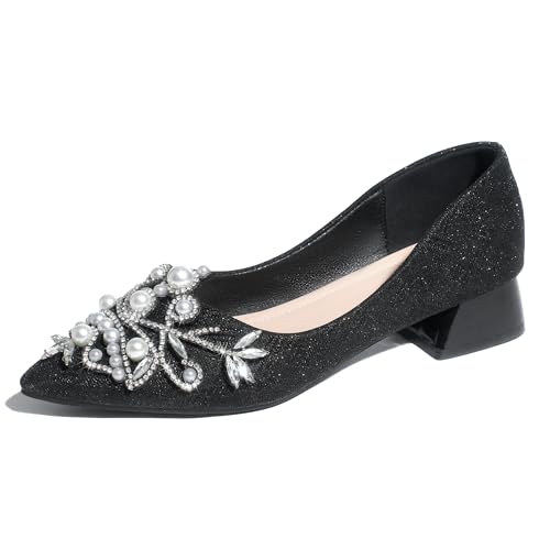 Women's Chunky Heel Comfortable Work Shoes Rhinestones Pearl Dress Wedding Pumps for Women - 1.18Inches Height