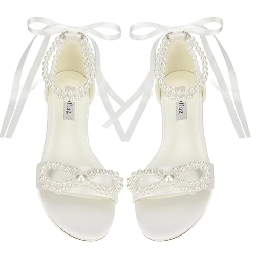 Flat Wedding Shoes for Bride Pearl Sandals Open Toe Wedding Flats Double Bowknots Bridal Flats