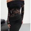 Women's Lace Off Shoulder Wedding Dresses Mesh Sheer Long Sleeve Bodycon Evening Gown