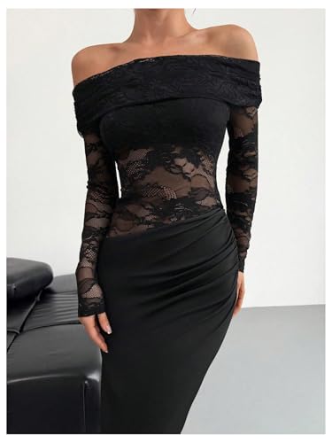Women's Lace Off Shoulder Wedding Dresses Mesh Sheer Long Sleeve Bodycon Evening Gown
