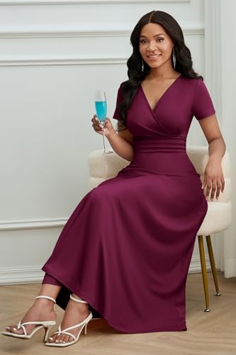 Maxi Dress for Women Long Formal Short Sleeve A Line V Neck Dresses Wedding Guest High Waist Elegant