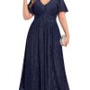 Plus Size Maxi Formal Dress Sparkly V-Neck A-line Ruffle Sleeves Evening Gown Cocktail Prom Lace
