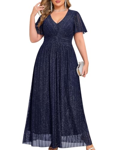 Plus Size Maxi Formal Dress Sparkly V-Neck A-line Ruffle Sleeves Evening Gown Cocktail Prom Lace