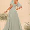 Women's Sweetheart Flutter Sleeves Bridesmaid Dresses with Slit A-line Short Sleeves Chiffon Formal Evening Dress