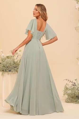 Women's Sweetheart Flutter Sleeves Bridesmaid Dresses with Slit A-line Short Sleeves Chiffon Formal Evening Dress