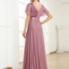 Women's Evening Gowns V Neck Ruched Short Sleeves A-line Glitter Formal Dresses