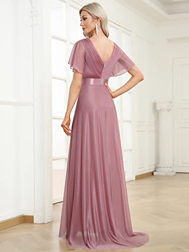 Women's Evening Gowns V Neck Ruched Short Sleeves A-line Glitter Formal Dresses