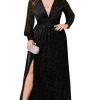 Plus Size Sparkly Formal Maxi Dress Long Sleeve Deep V-Neck Mesh Dresses with Slit Cocktail Wedding Evening Gown