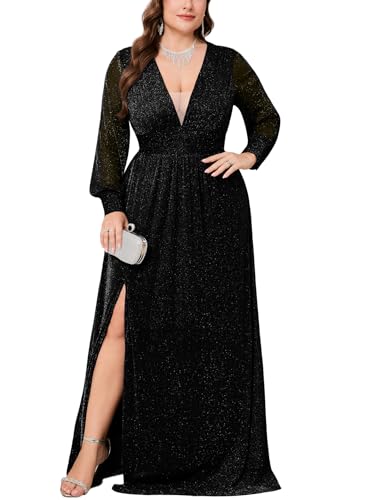 Plus Size Sparkly Formal Maxi Dress Long Sleeve Deep V-Neck Mesh Dresses with Slit Cocktail Wedding Evening Gown
