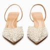 Pearl Kitten Heels for Women Pointed Toe Mesh Rhinestone Heeled Sandals Clear PVC Stiletto Mid Heel for Wedding Party Dress