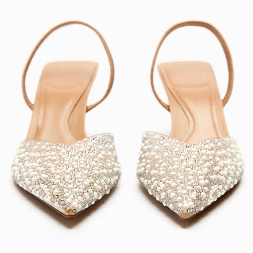 Pearl Kitten Heels for Women Pointed Toe Mesh Rhinestone Heeled Sandals Clear PVC Stiletto Mid Heel for Wedding Party Dress