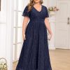Plus Size Maxi Formal Dress Sparkly V-Neck A-line Ruffle Sleeves Evening Gown Cocktail Prom Lace