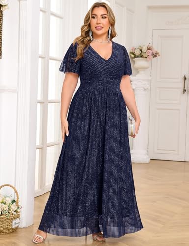 Plus Size Maxi Formal Dress Sparkly V-Neck A-line Ruffle Sleeves Evening Gown Cocktail Prom Lace