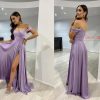 Women's Off The Shoulder Bridesmaid Dresses with Slit Satin Formal Gowns Long Prom Evening Party Dress with Pockets
