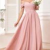Off The Shoulder Bridesmaid Dresses for Women Long Chiffon Pleated Formal Evening Dress with Pockets